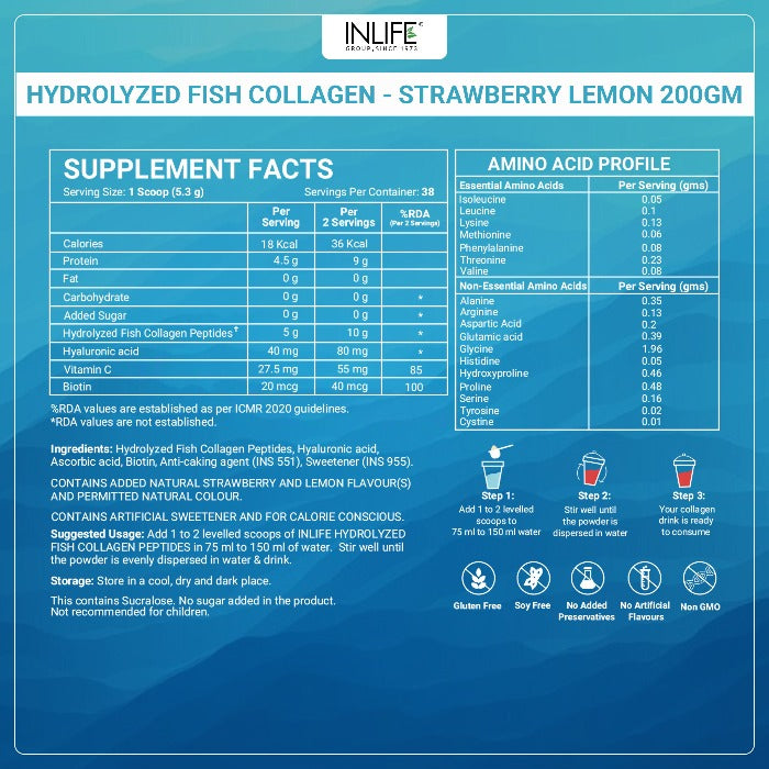 INLIFE Marine Collagen Supplements for Women & Men | Fish Collagen Powder for Skin & Hair | Clinically Proven Ingredient with Biotin, Hyaluronic Acid, Vitamin C & Glucosamine ( Fish Collagen, 200g)
